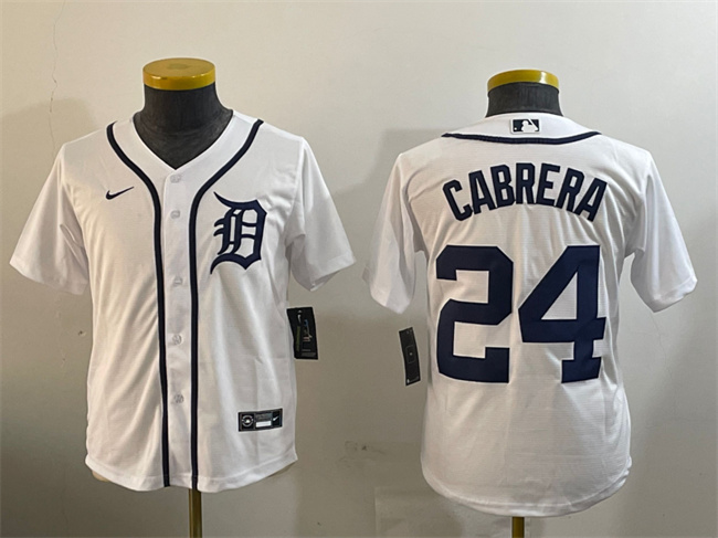 Youth Detroit Tigers #24 Miguel Cabrera White Cool Base Stitched Baseball Jersey
